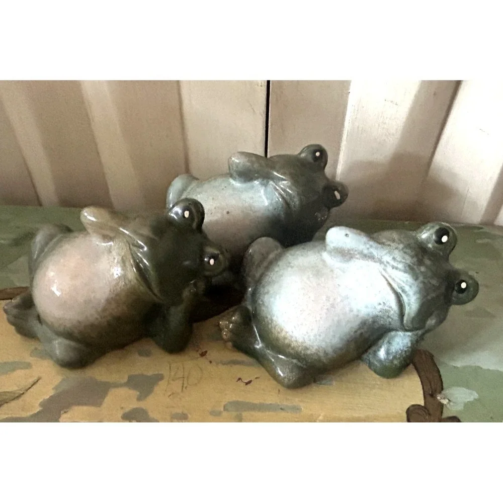 Lot of 7 Frog Figurines Ceramic Moss Flocked Garden Decor Cottagecore